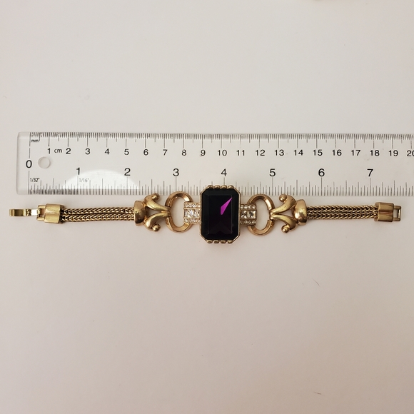 Faux amethyst gold tone statement costume bracelet - Picture 6 of 7